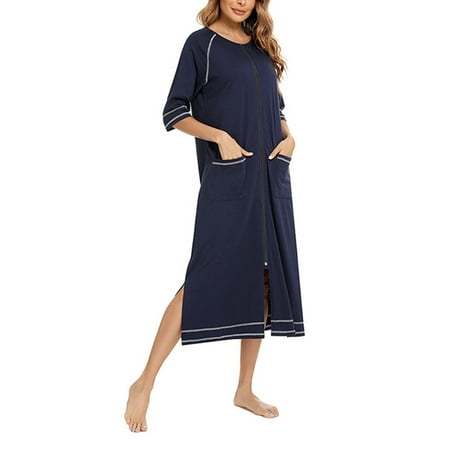 

Women Zipper Robe 3/4 Sleeves Loungewear Dress Full Length Sleepwear Pockets Front-Zip Duster Housecoat Nightgown Long Bathrobe Housecoat S-XXL