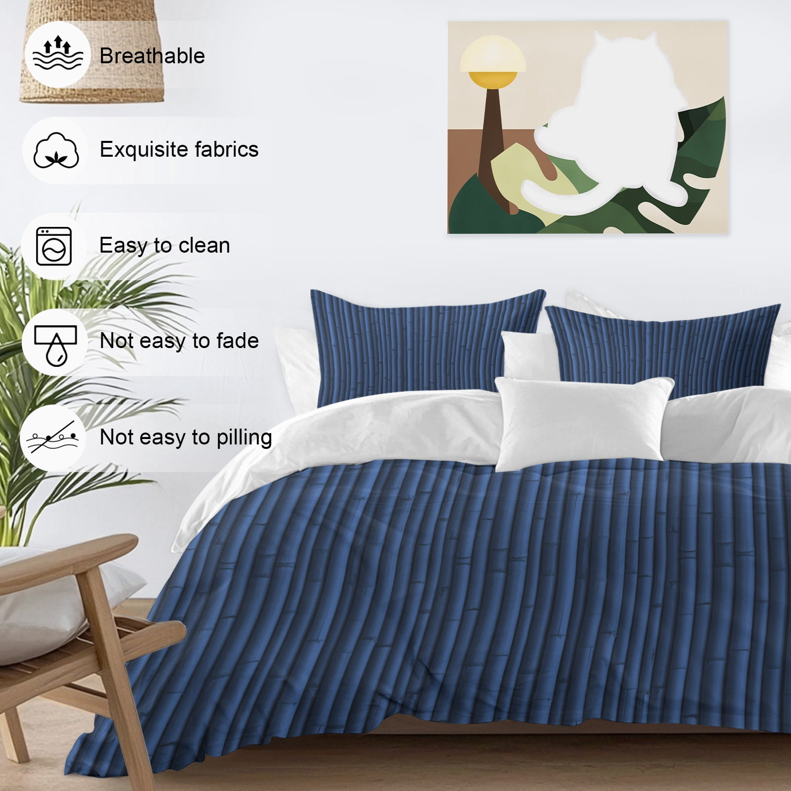 Blue Bamboos Queen Duvet Cover Set, Natural Vintage Bamboos Tree Plant Image 4 Piece Microfiber Bedding Set with Zipper Closure, Bed Sheet and 2 Pillow Shams, Soft Bedding Cover