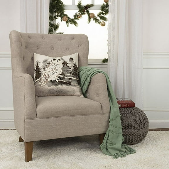 Rizzy Home Holiday Ivory/Gray Owl Cotton 20"x20" Poly Filled Decorative Throw Pillow