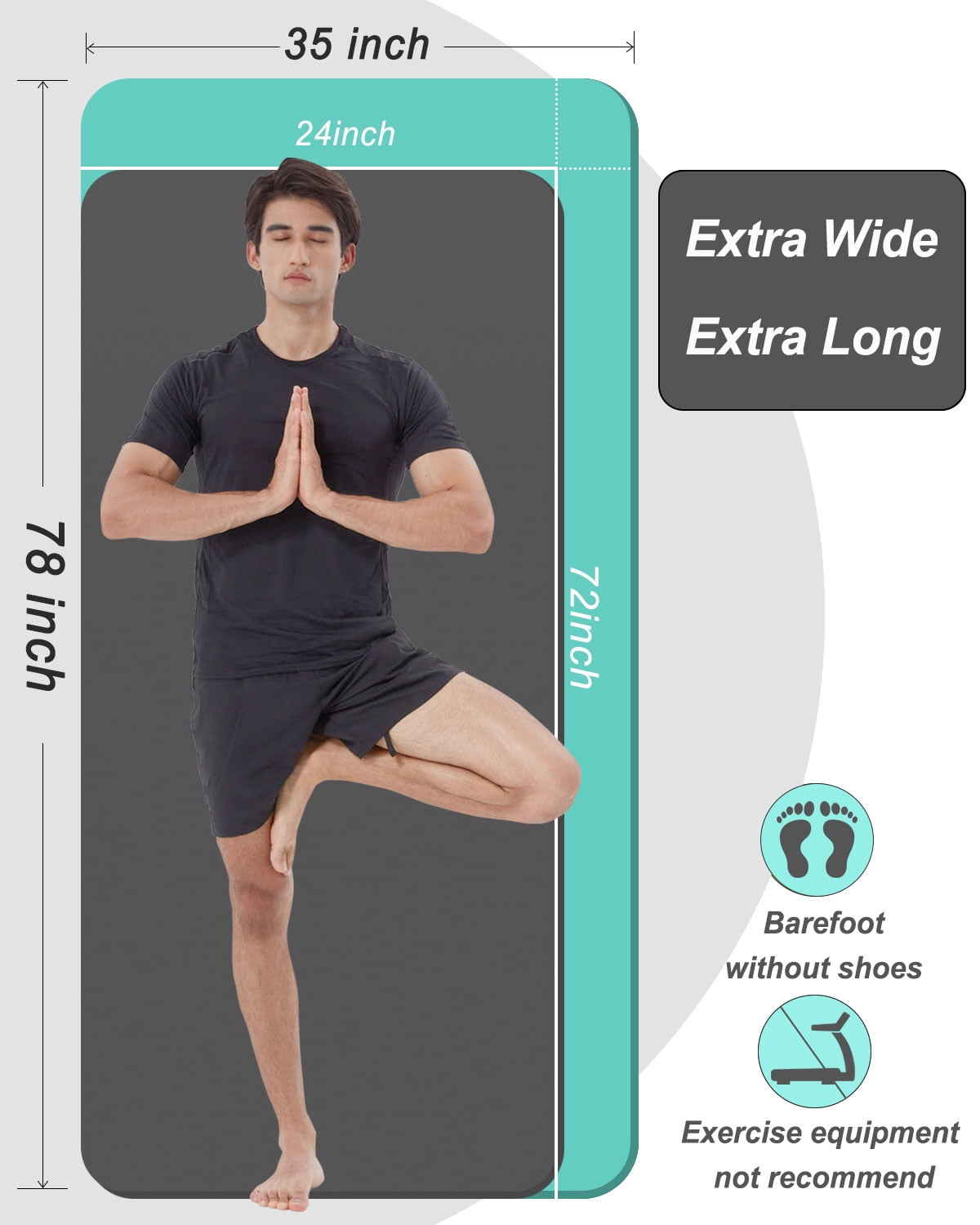 YR Large Yoga Mat 78"x35" Wide NBR Exercise Workout Mats for Home Gym Floor Fitness Pad, Thick 10mm Iceblue