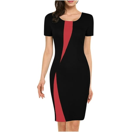 Fesfesfes Women Dress Crewneck Short Sleeve Stretch Slim Bag Hip Pencil Skirt Mini Length Dress Clearance
