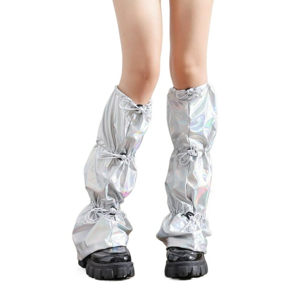 Women Shinning Leg Warmer Punk Sparkling Metallic Knee Length Flared Leg Cover High Tube Socks Streetwear