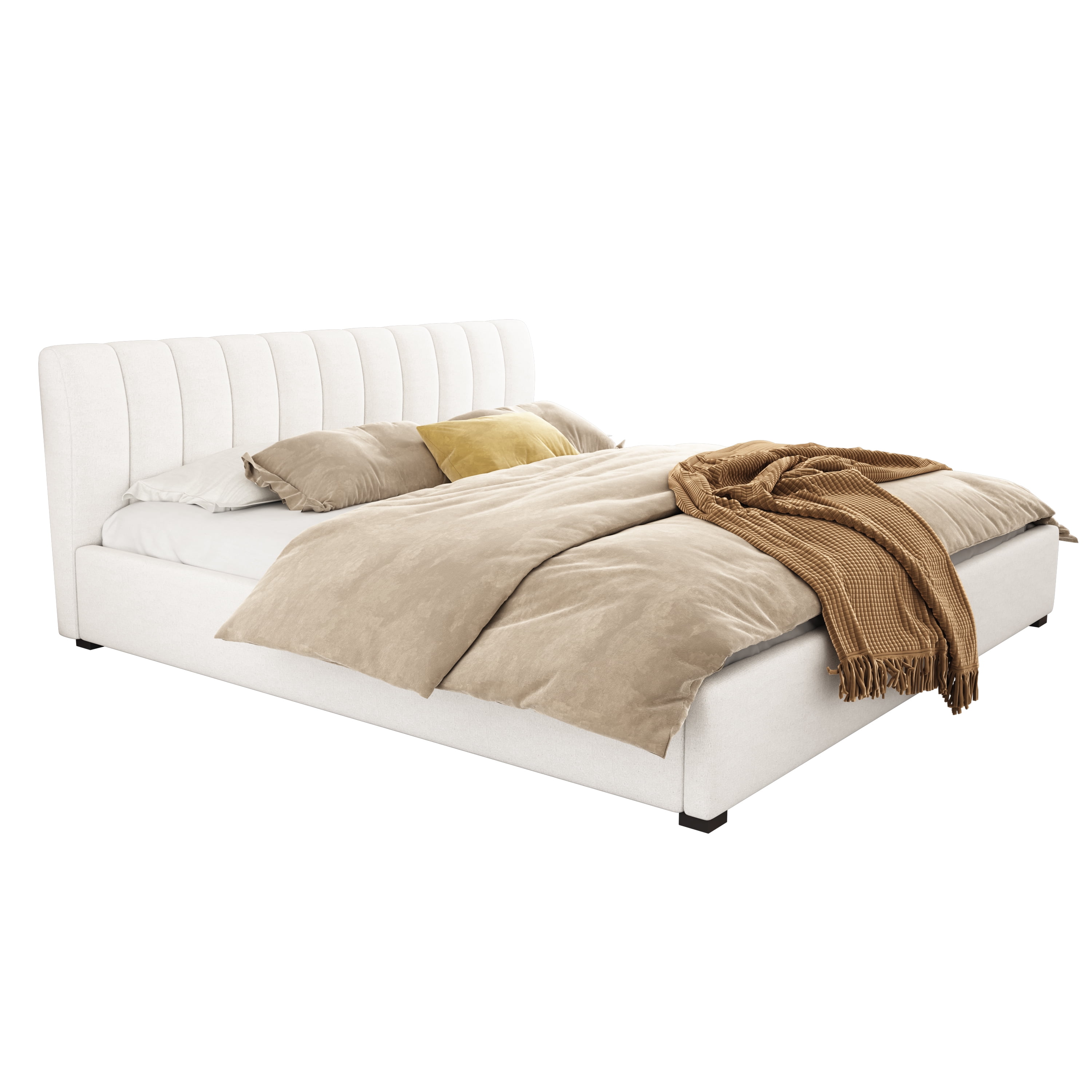 King Size Upholstered Bed Frame with Linen Blend Fabric, Thick Padded Headboard & Solid Wood Legs, Platform Bed with Curved Design for Bedroom, Beige