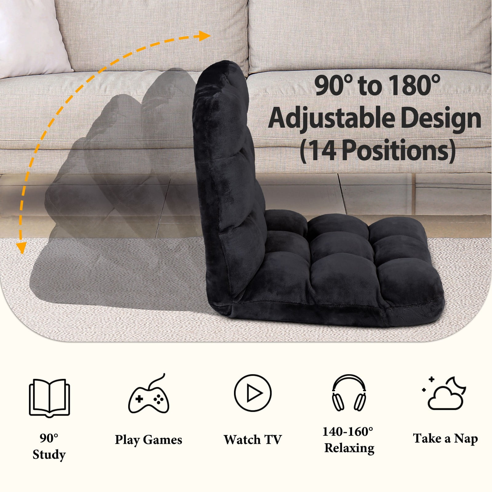 WDZS 14-Position Folding Floor Chair Gaming Sofa Cushioned Padded Reclining Bed Lounge Couch Seating for Comfy Reading, Reading, Gaming, Relaxing, Watching TV,Black