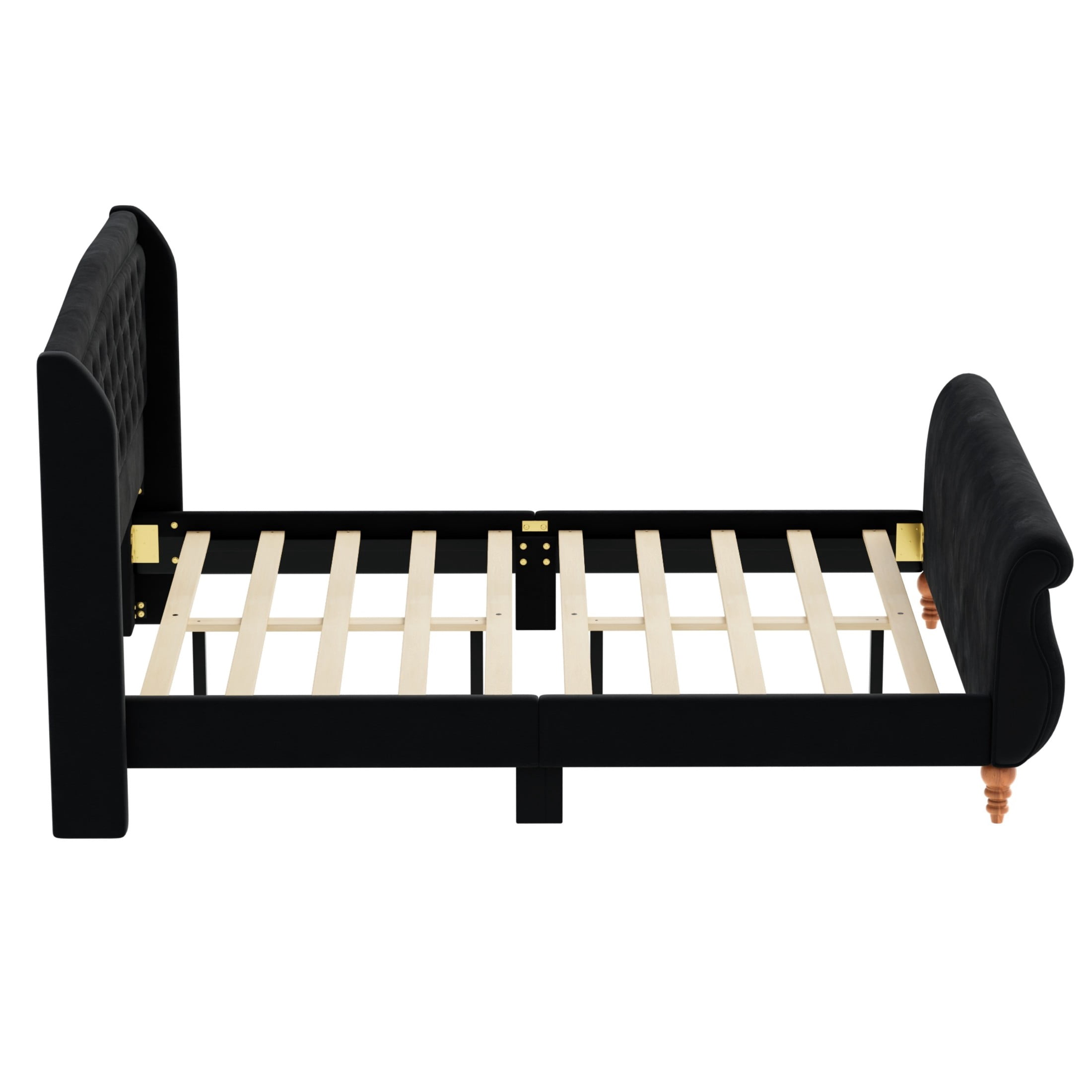 GDF Studio Orlan Queen Size Velvet Upholstered Sleigh Platform Bed Frame with Wood Slat Support, Modern Design, Black