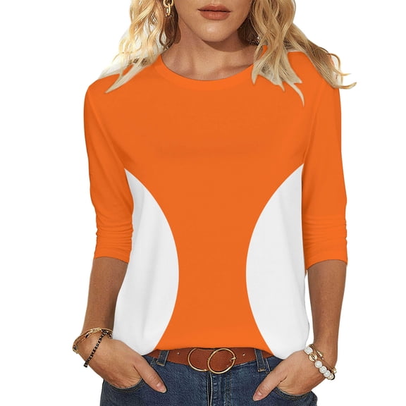 CLOISE Womens 3/4 Sleeve Tops Casual Shirts Color Block Crew Neck Pullover Fall Clothes Orange XL