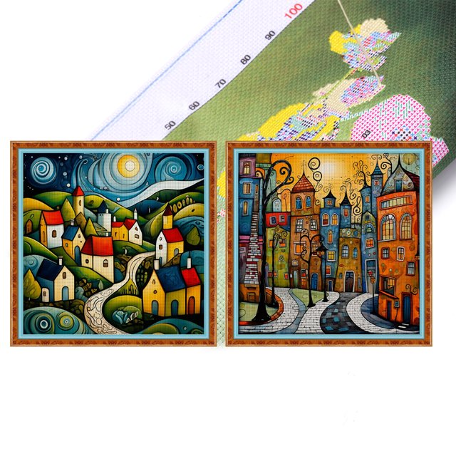 (14CTABB-567/570__C__40X40) 2 uds hilo algodón ecológico bordado 14CT 2 hebras impresión 40*40cm kit serie paisaje punto cruz casa color