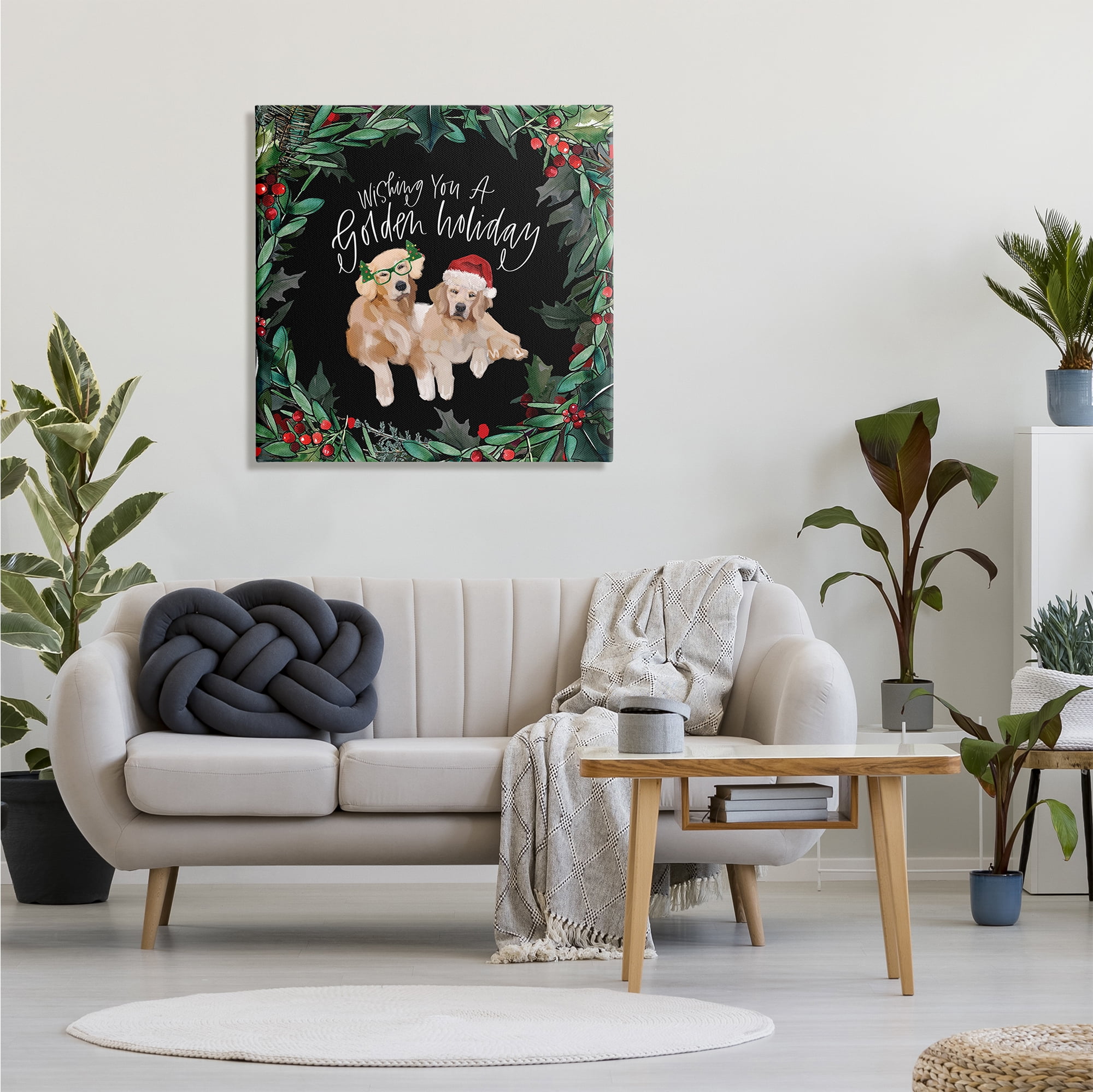 Stupell Industries Wishing You a Golden Holiday Phrase Pet Dogs Animals & Insects Painting Gallery Wrapped Canvas Print Wall Art, 30 x 30