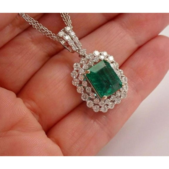 Luxe 3 Ct Emerald Cut Green Emerald CZ Double Halo Pendant Necklace 14K Rose Gold Over 925 Sterling Silver