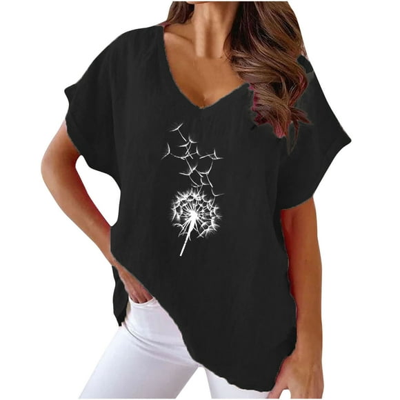 lcziwo Womens Cotton Linen Shirts V Neck Short Sleeve Summer Tops Cute Dandelion Print Ladies Blouse Loose Comfy Clothes Black,XL