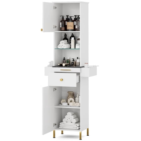 TTGIEET Salon Stations for Hair Stylist, Barber Station w/Glass Shelf, Spa Equipment w/6 Hair Dryer Holders, 2 Storage Cabinet & Drawers(White)