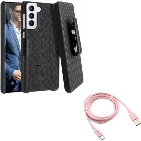 6ft USB-C Cable w Case Belt Clip for Samsung Galaxy S21 Plus - Pink Charger Cord Power, Holster Swivel Cover Combo