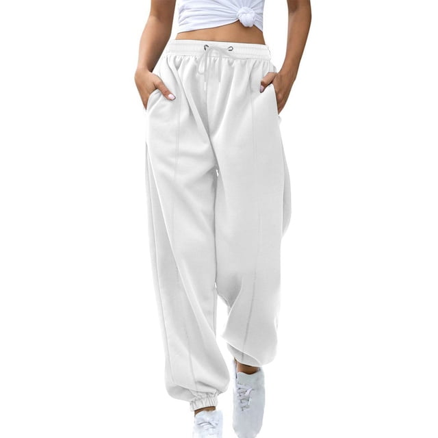 yoeyez Women's Sweatpants Fall 2024 Trendy High Waist Baggy Sweat Pants High Waisted Cinch Bottom Trousers Pockets Yoga Workout Joggers, White S