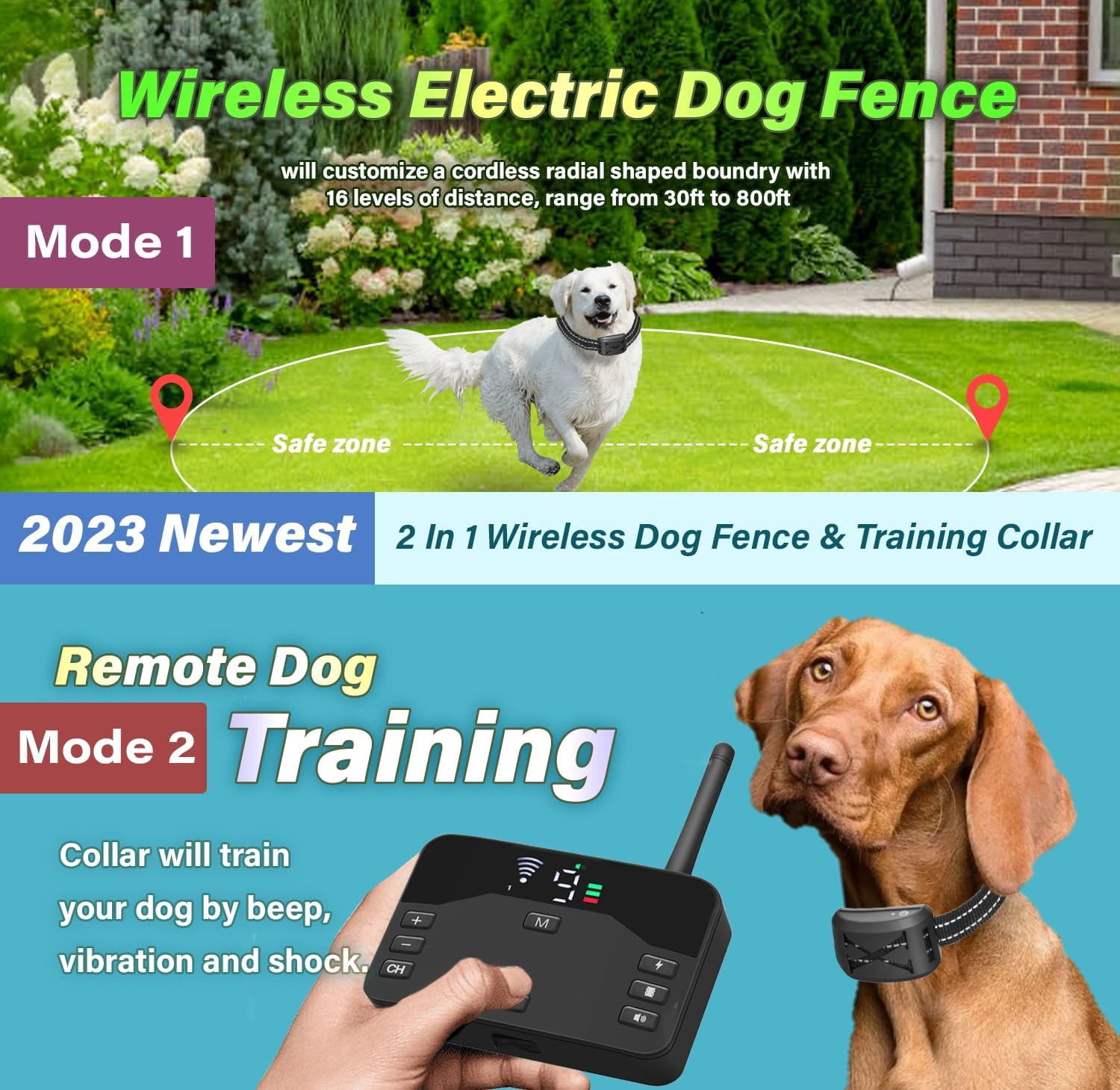 Belita Amy Wireless Dog Fence with Remote Training Collar for Large Dogs, Black