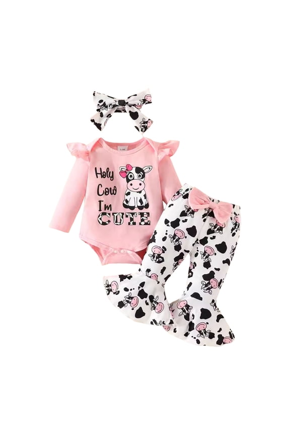 Infant Girl Cow Print Outfit Romper Flared Pants and Matching Headband 3 Piece Set, 3-18 Months