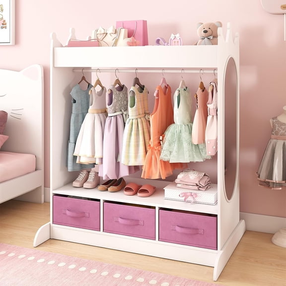 JOYLDIAS Kids Dress Up Storage with Mirror and Drawers, Kid Armoire Dresser, Pretend Storage Closet for Kids, Costume Wardrobe with Top Shelf for Playroom Bedroom, Lovely White