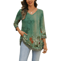 Weardear Womens V Neck 3/4 Sleeve Dressy Blouses Casual Loose Fit Tunic Tops Boho Business Blouses