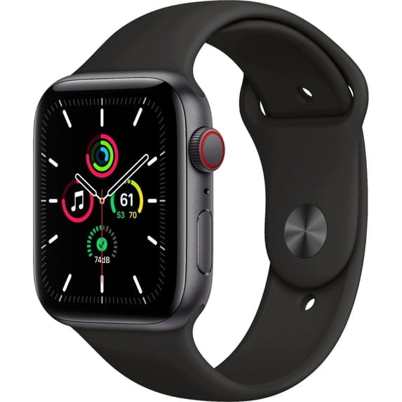 Restored Apple Watch SE (GPS + Cellular, 44mm) Space Gray Aluminum Case with Black Sport Band