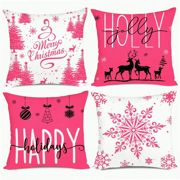 Holiday Cheer Farmhouse Pillow Covers - Set of 4 Snowflake Merry Decor Cushion Cases 20x20 for Couch Sofa in Pink. Add some Holly Jolly vibes to your home decor this season!