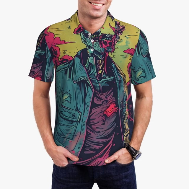 Balery Neon Zombie Skull Camisa Polo de Hombre con Estampado, de Manga Corta y Tejido Medio, Camisa Tipo Golf Polo-Medium