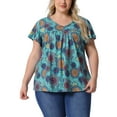 thumbnail image 1 of Blusas de verano casuales de talla grande para mujer Agnes Orinda, con flores, volantes, plisadas, cuello en V y mangas cortas, 3X, azul y naranja con círculos, 1 of 6