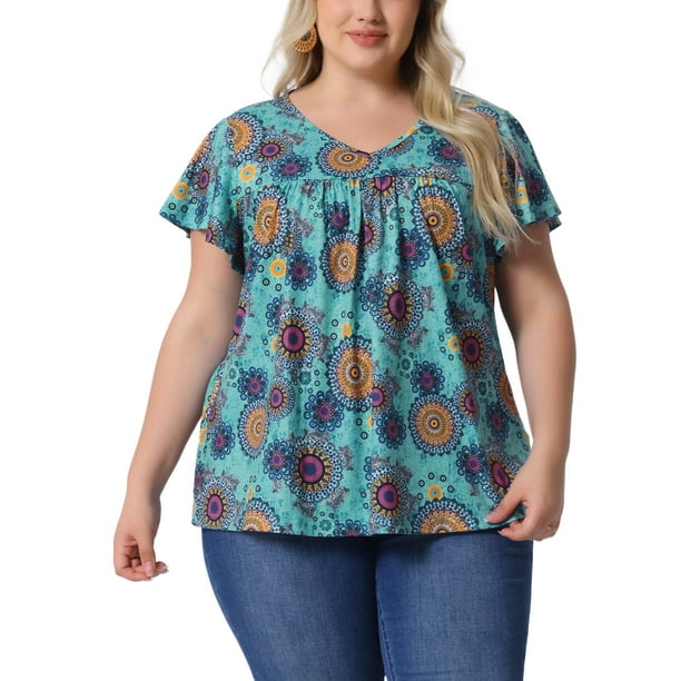 Blusas de verano casuales de talla grande para mujer Agnes Orinda, con flores, volantes, plisadas, cuello en V y mangas cortas, 3X, azul y naranja con círculos