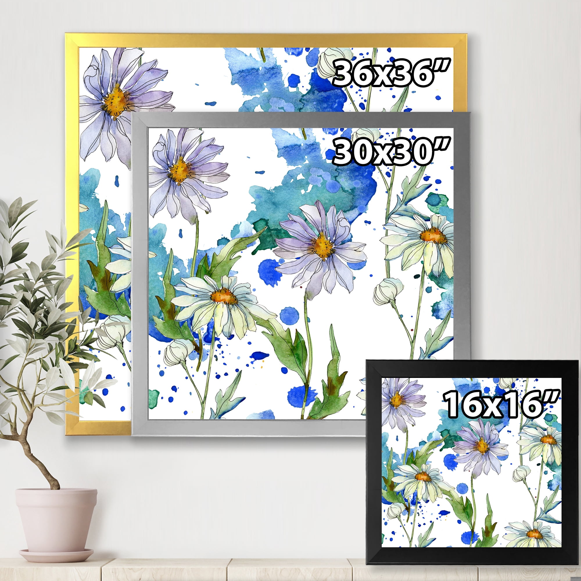 Designart 'Daisies With Green Leaves and Background' Traditional Framed Art Print