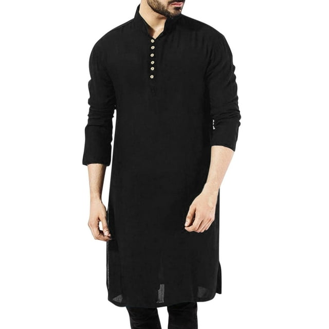 SHIXIAOO Robe Décontractée Unie à Col Montant pour Hommes Manches Longues Bouton Jubba Thobe Chemise Habillée Décontractée pour Hommes 2x Grande Taille