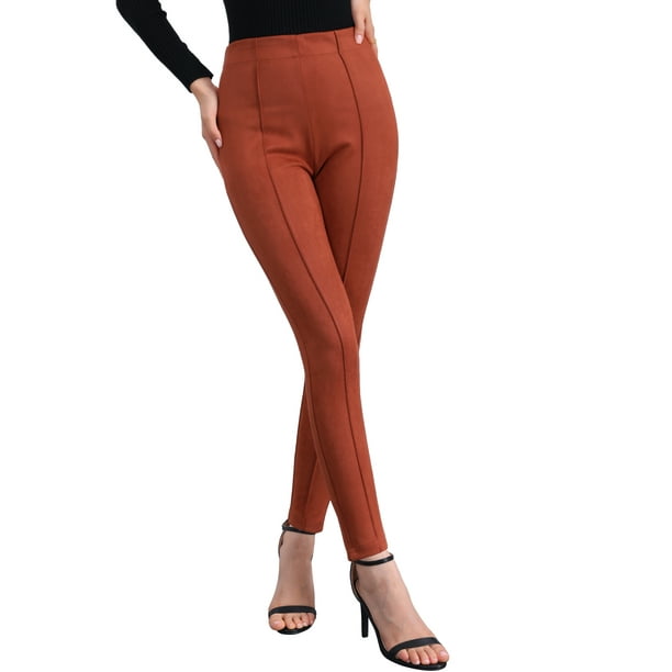FALDAS CURVAS Leggings de Ante Sintético para Mujeres, Cintura Alta, Pantalones Ajustados, XL, Marrón Rojo