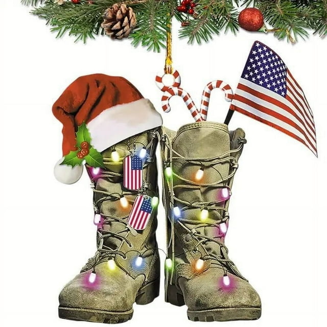 Xihbxyly Adorno de Botas Vaqueras Occidentales, Diseño de Uniforme Militar, Impresión Por Sublimación a Doble Cara, Decoración para Árbol de Navidad, Regalos para Veteranos, Accesorios Navideños, 3 C