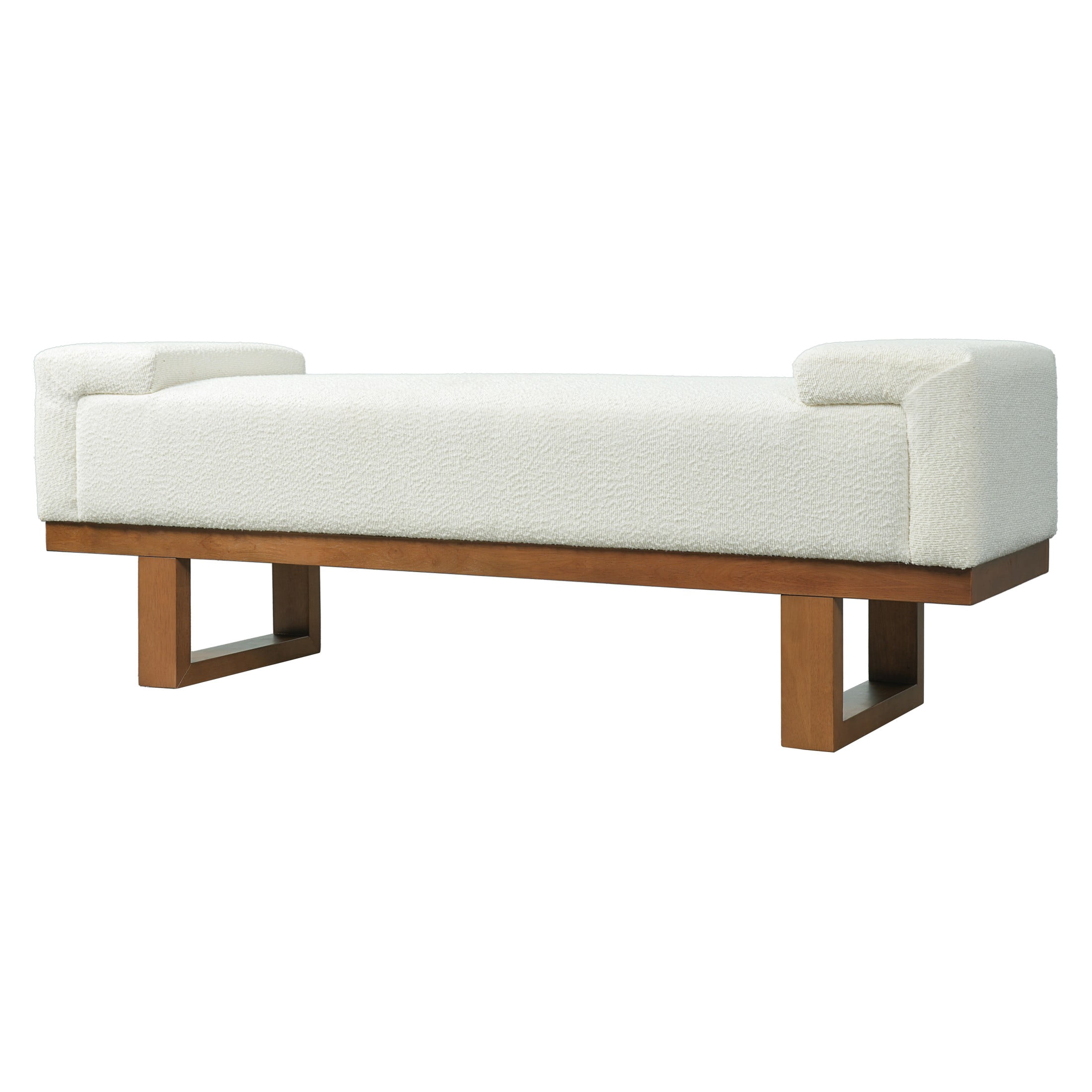 Christopher Knight Home Boucle Upholstered Ottoman Bench with Solid Wood Legs, Ivory and Dark Walnut