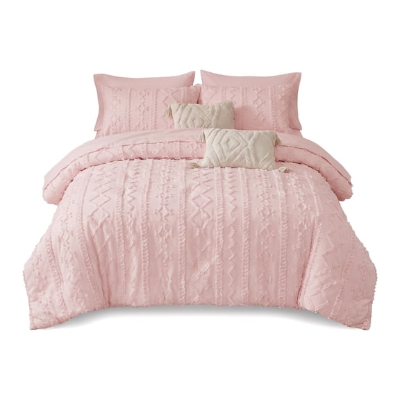 Unbranded Queen Comforter Set 7 Pieces,Boho Bed in a Bag,Pink Tufted Bed Set for All Seasons,Soft Farmhouse-Style Embroidery Bedding,Includes Flat & Fitted Sheets,2 Pillowcases & 2 Shams