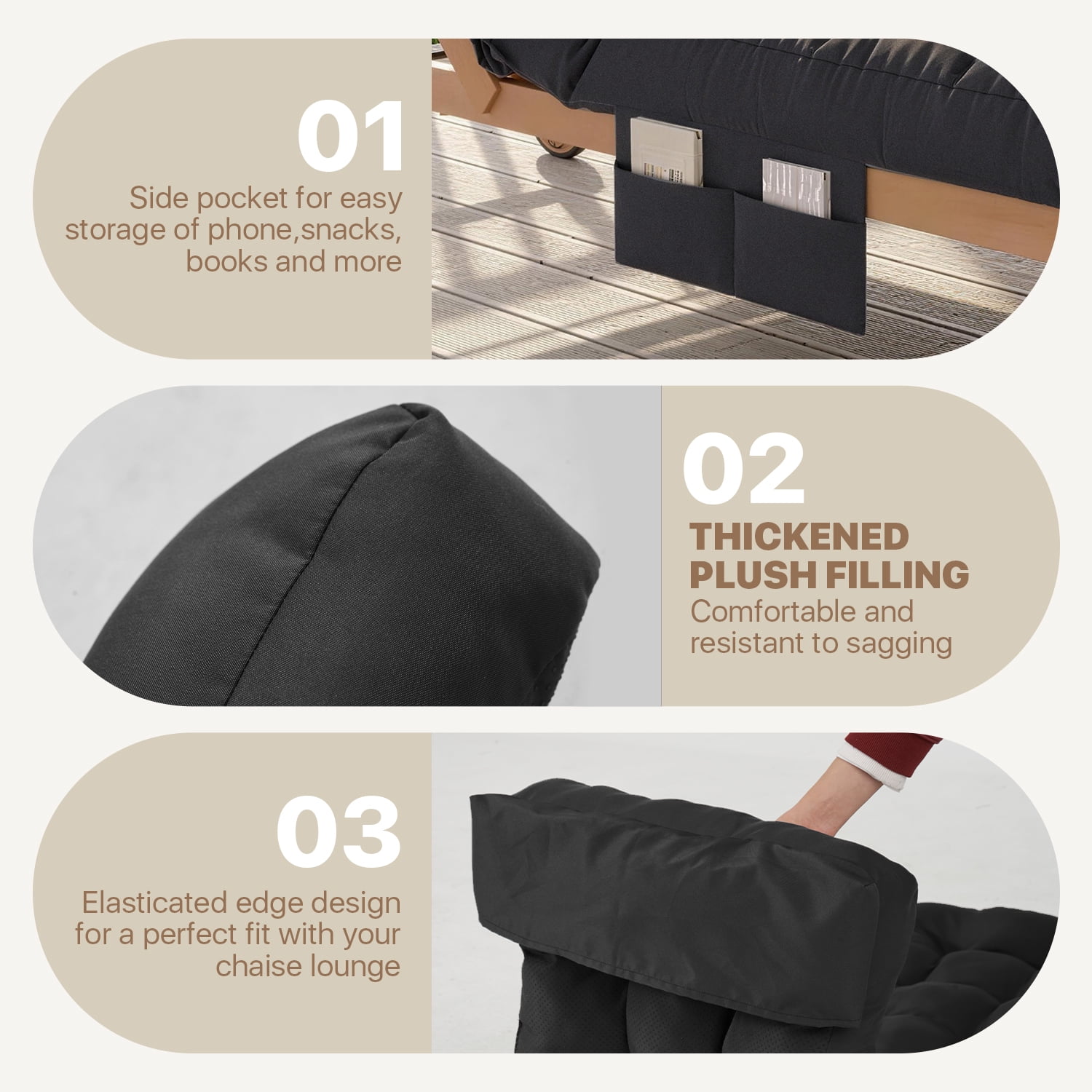BaPiPro Black Outdoor Chaise Lounge Cushion with Side Pocket, Triple Non-Slip Fixation, All-Weather Durable & Soft Fabric, Thickened Padding, Ideal for Patio and Poolside Use