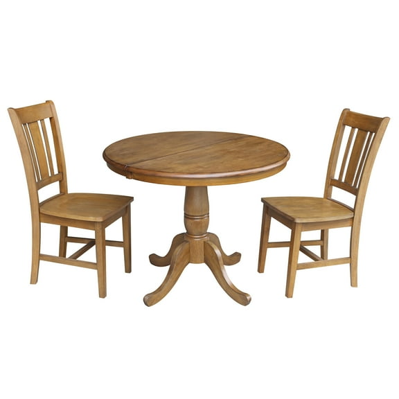 Round 36" Dining Table with 12" Leaf And 2 San Remo Chairs - Pecan- 3 Piece Set