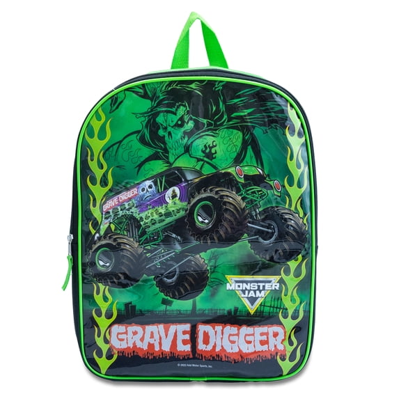Monster Jam 15" Backpack with Padded Straps & Zip Compartment - Ideal Toddler Bookbag for School & Travel - Grave Digger Green