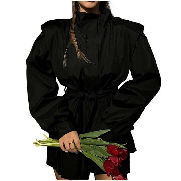 Uaswgudfs Women's Loose Belted Trench Coat, Long Sleeve Collared Office Casual Jacket, Versatile Commute Outerwear for Women, Trendy Tie-Waist Windbreaker Black L