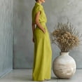 thumbnail image 4 of Womens Casual Two Piece Outfit Short Sleeve Collared Shirt High Waist Wide Leg Pants with Pockets Solid Color Loungewear Set Green XL(XL), 4 of 6