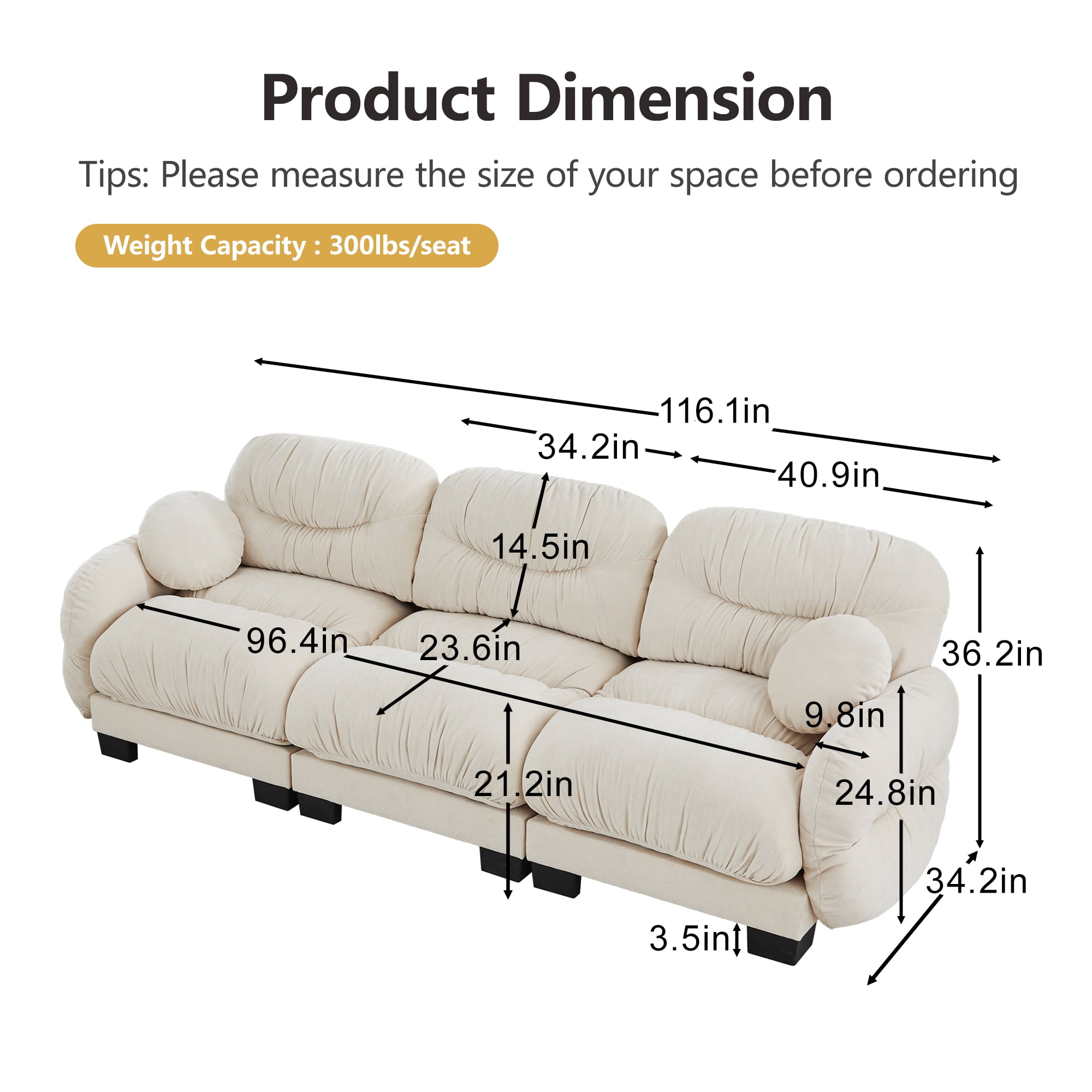 116" 3 Seater Couch Cozy Chenille Sofa with 2 Throw Pillows