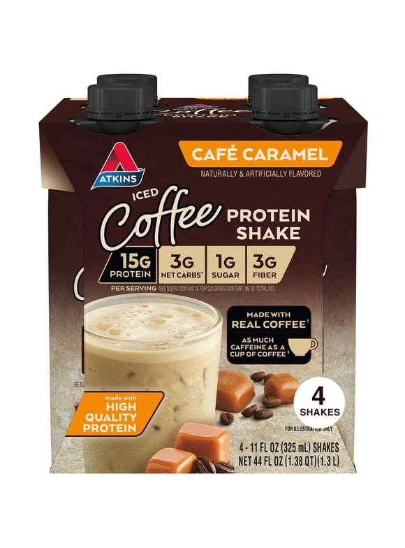Atkins Gluten Free Protein-Rich Shake, Cafe Caramel, Keto Friendly, 4 Ct (Ready to Drink)