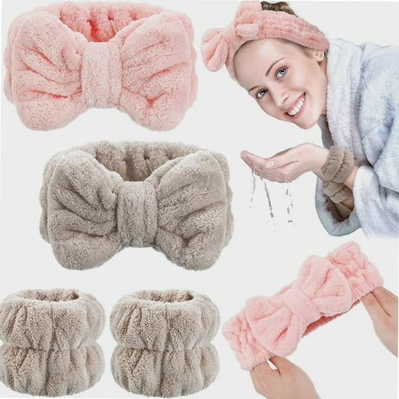 4 Pcs Spa Headband Wrist Washband Scrunchies Cuffs for Washing Face, Towel Wristbands Hair Headband Face Wash Wristband for Women Girls Makeup Prevent Liquids from Spilling (Pink, Khaki)
