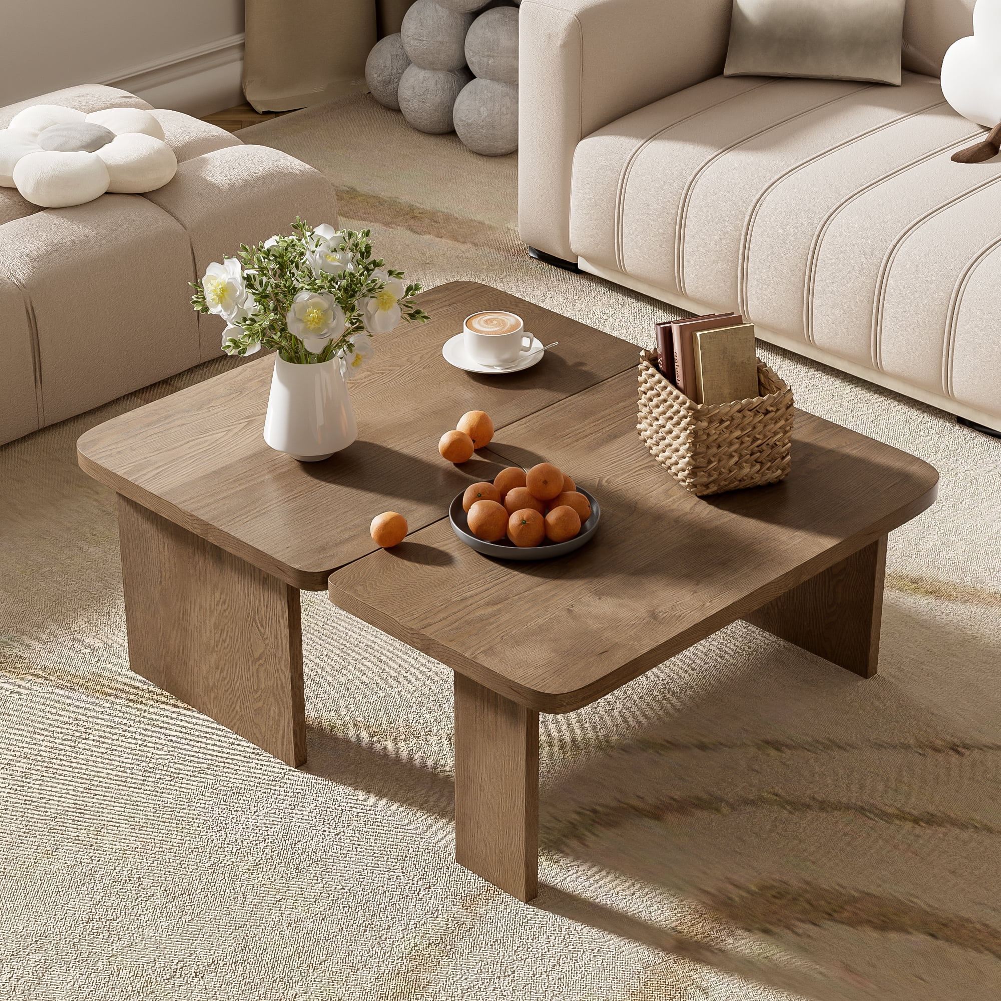 Euroco Modular Coffee Table Set of 2 – Freely Configurable Wood Grain MDF Tables with Modern Design, Compact Side Table Option