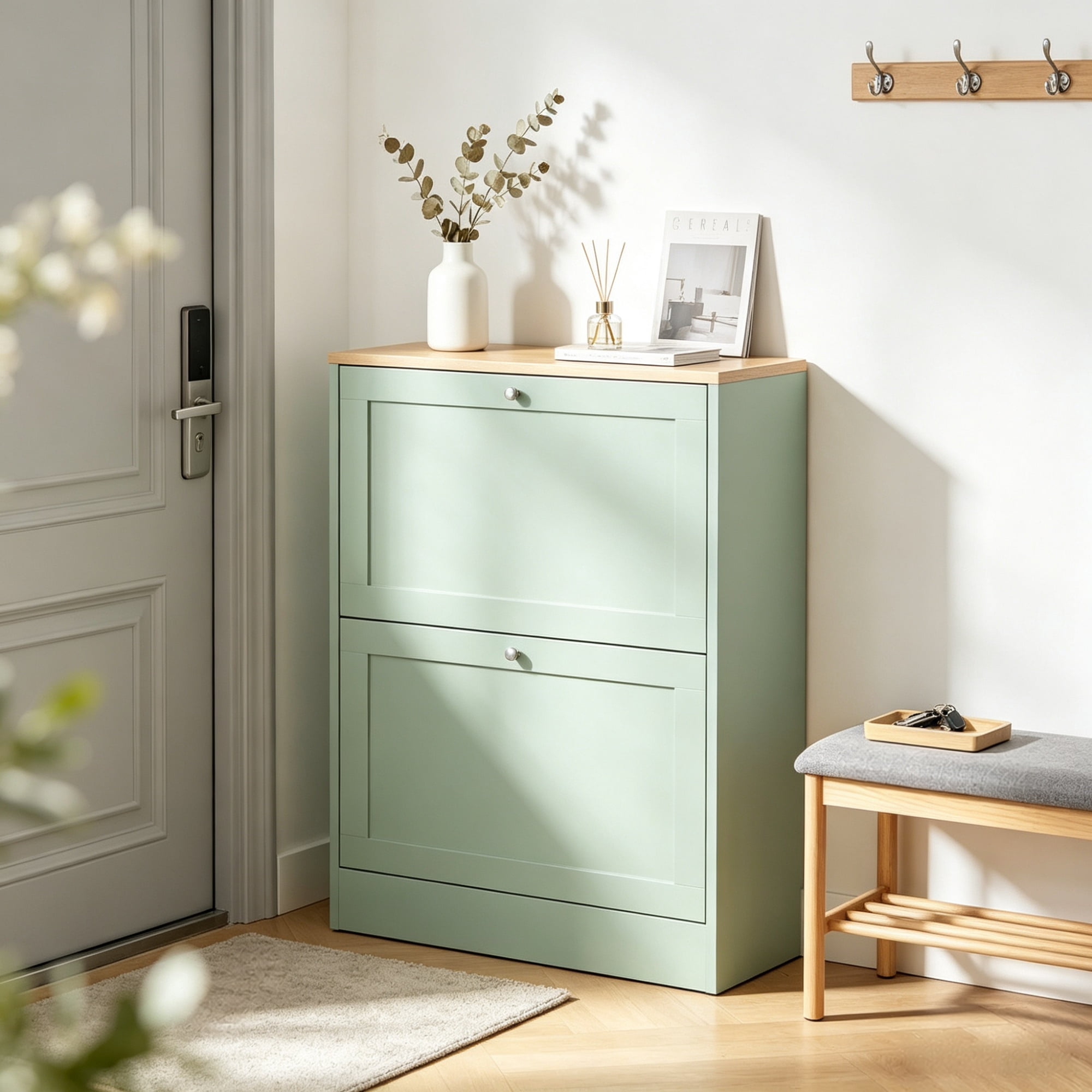 Slim Shoe Storage Cabinet, 2 Flip Drawers & Adjustable Shelves, Holds 8-12 Pairs, Green