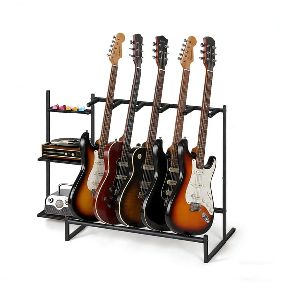 5-Slot Multi Guitar Stand Floor, Guitar Rack for Multiple Guitars with 3 Side Shelves, Guitar Holder for Bass, Acoustic, Electric Guitar, Banjo, Ukulele, Guitar Display Stand for Home Studio, Black