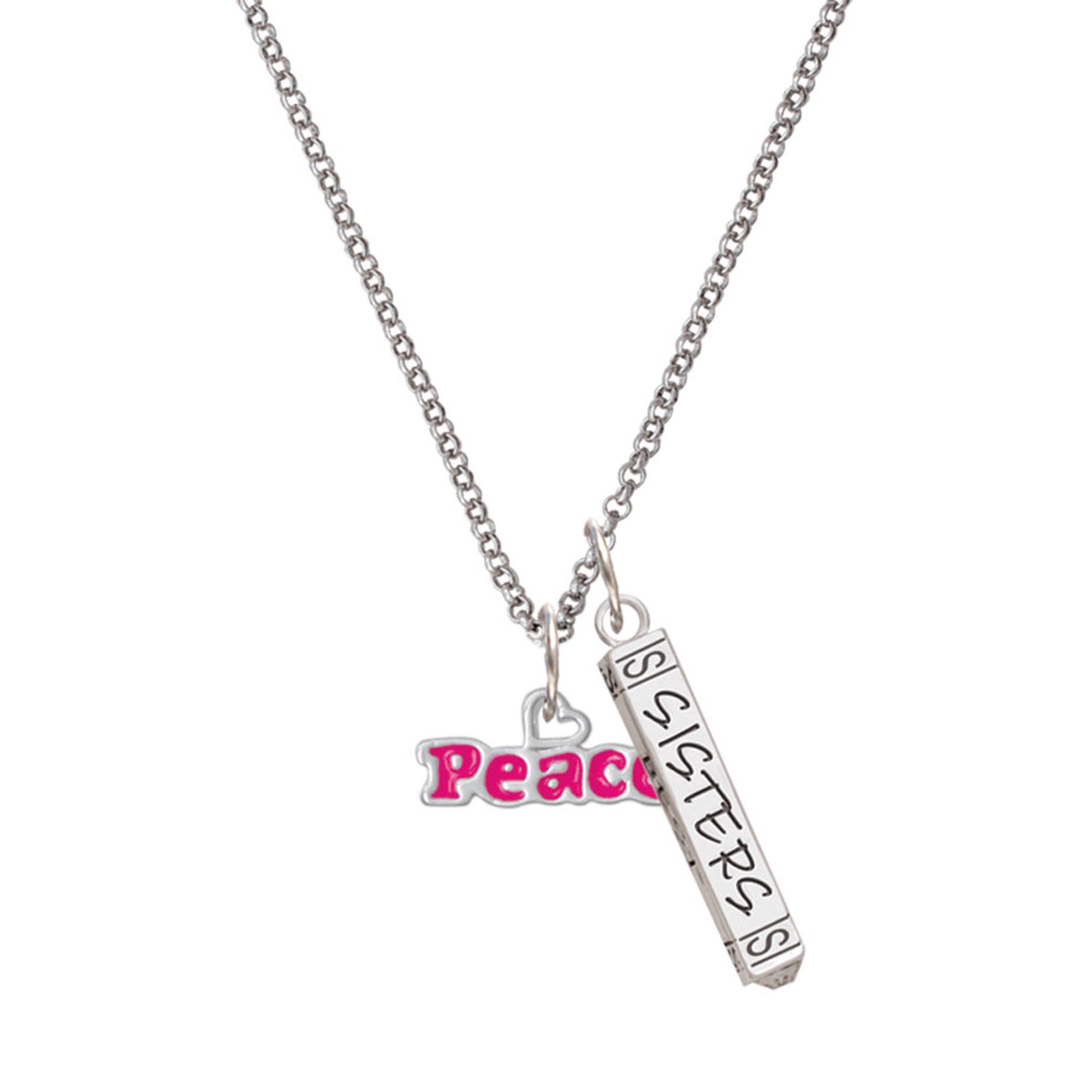 Delight Jewelry Hot Pink Peace with Heart Silvertone Sisters Best Friends Forever Bar Charm Necklace 23