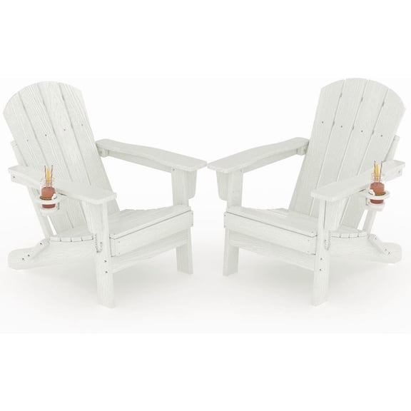 Set of 2 Folding Adirondack Chairs HDPE with Cup Holder for Patio Deck Garden Fire Pit White