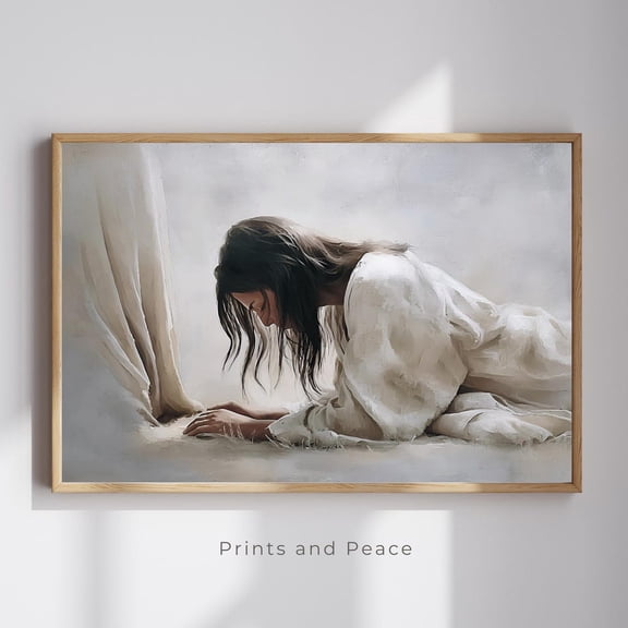 Woman Touching Hem Of Jesus Garment - Faith Made Her Whole, Christian Wall Art, Bible Story Painting, Faith Based Decor, UNFRAMED PAPER POSTER, Home Decor, Vintage Gift, Living Room Dercor