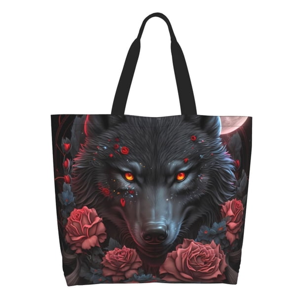 Disketp Rose Full Moon Black Wolf Bolsa Tote Estampada para Mujer, Bolso de Hombro y de Mano para Compras y Viajes