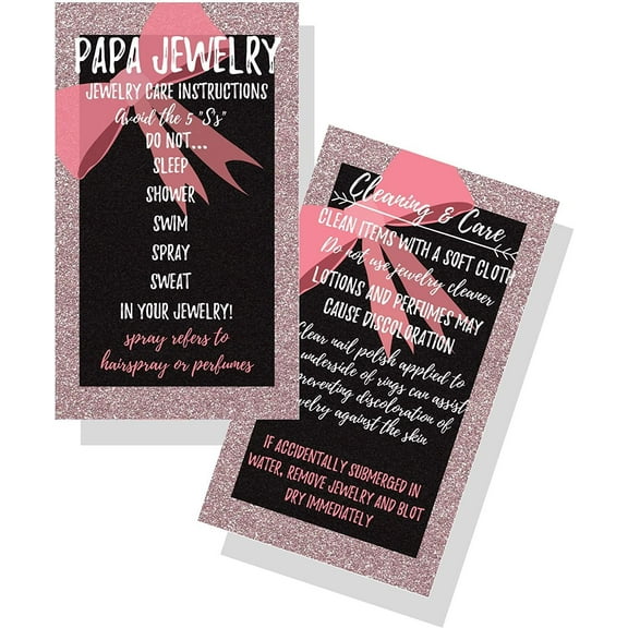 Jewelry Cleaning and Care Cards  Package of 50  Bling Pink Bow with Glitter Boarder on Black  Jewelry Bling Queen Care Instructions