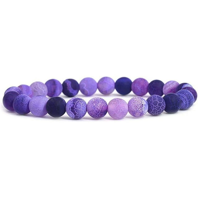 Bracelet Extensible en Perles Rondes de 8 mm en Agate Patinée Pourpre, 7 Pouces