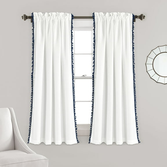 Pom Pom Window Curtain Panel Navy Single 50X63 2